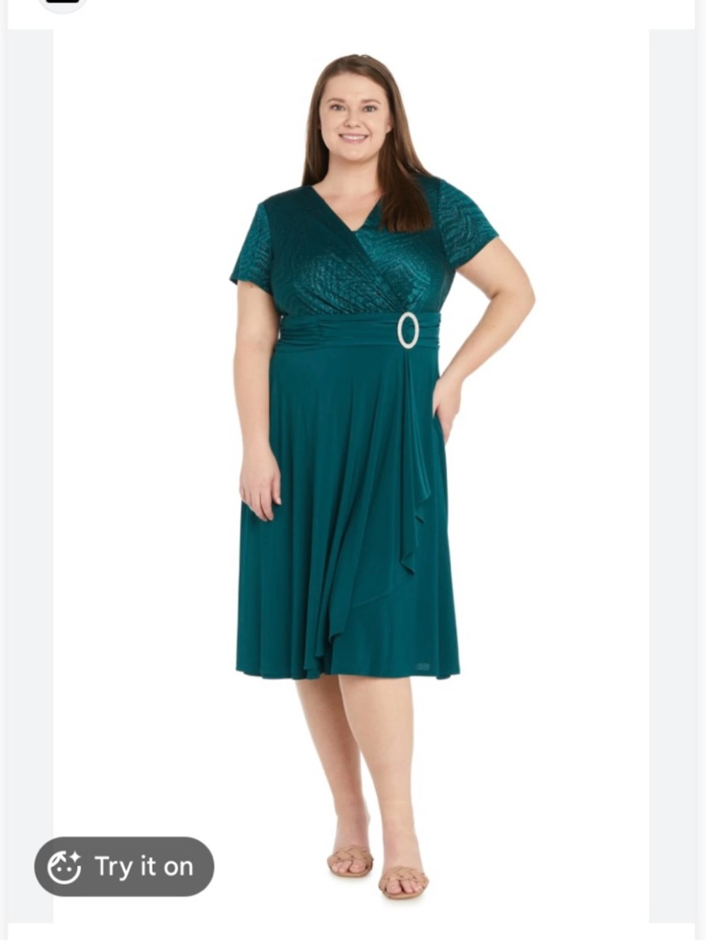 New R&M Richards Women 16 faux-wrap dress features a shimmering metallic finish